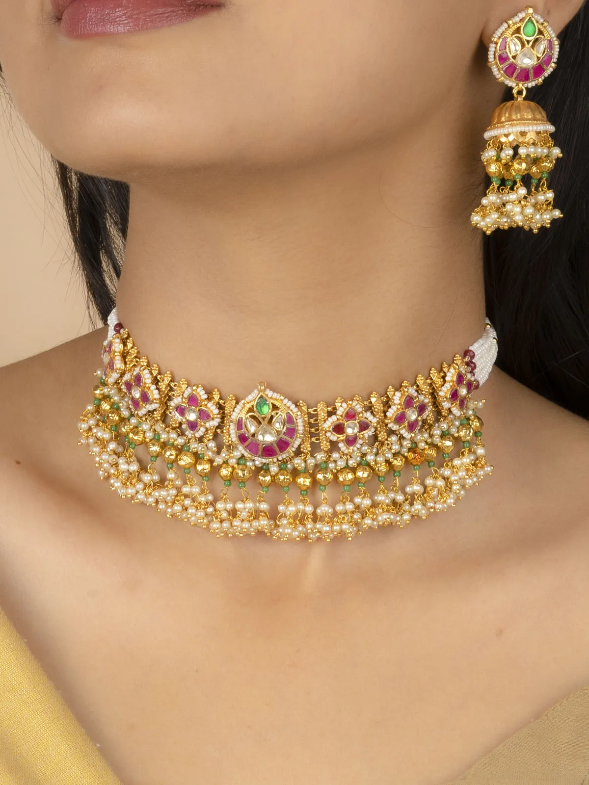 Multicolor Gold Plated Jadau Kundan Necklace Set - MS2032M