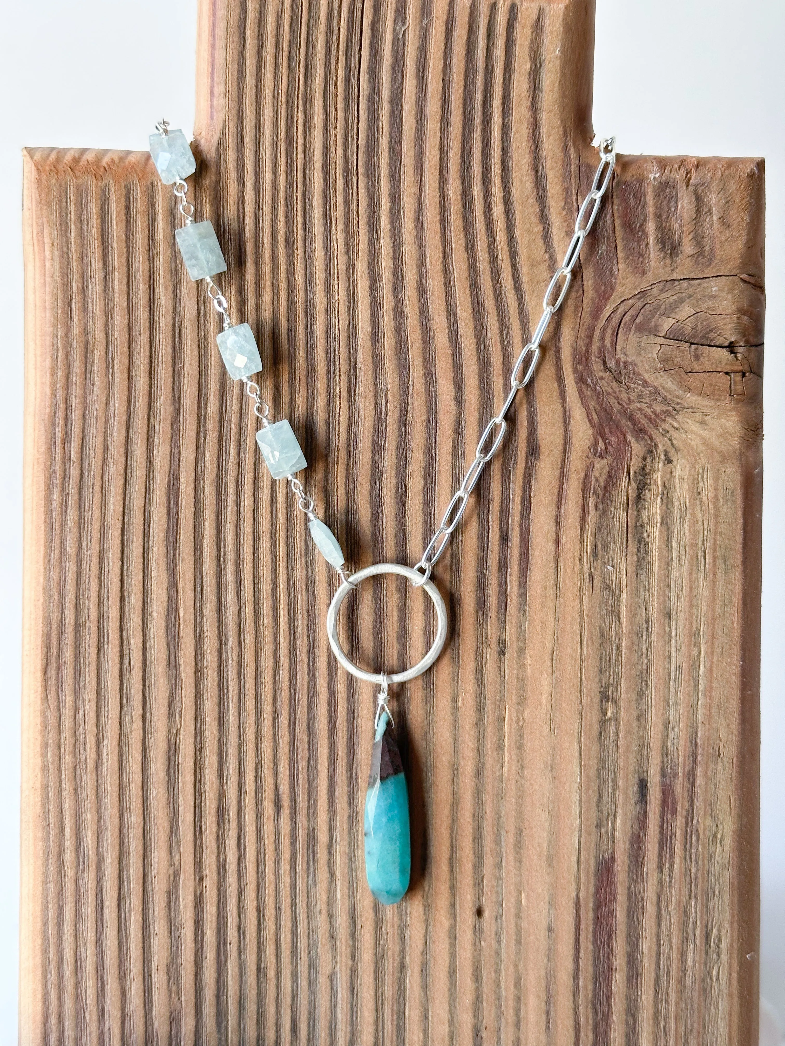 N2320 - ss chrysocolla with aquamarine asymmetrical necklace