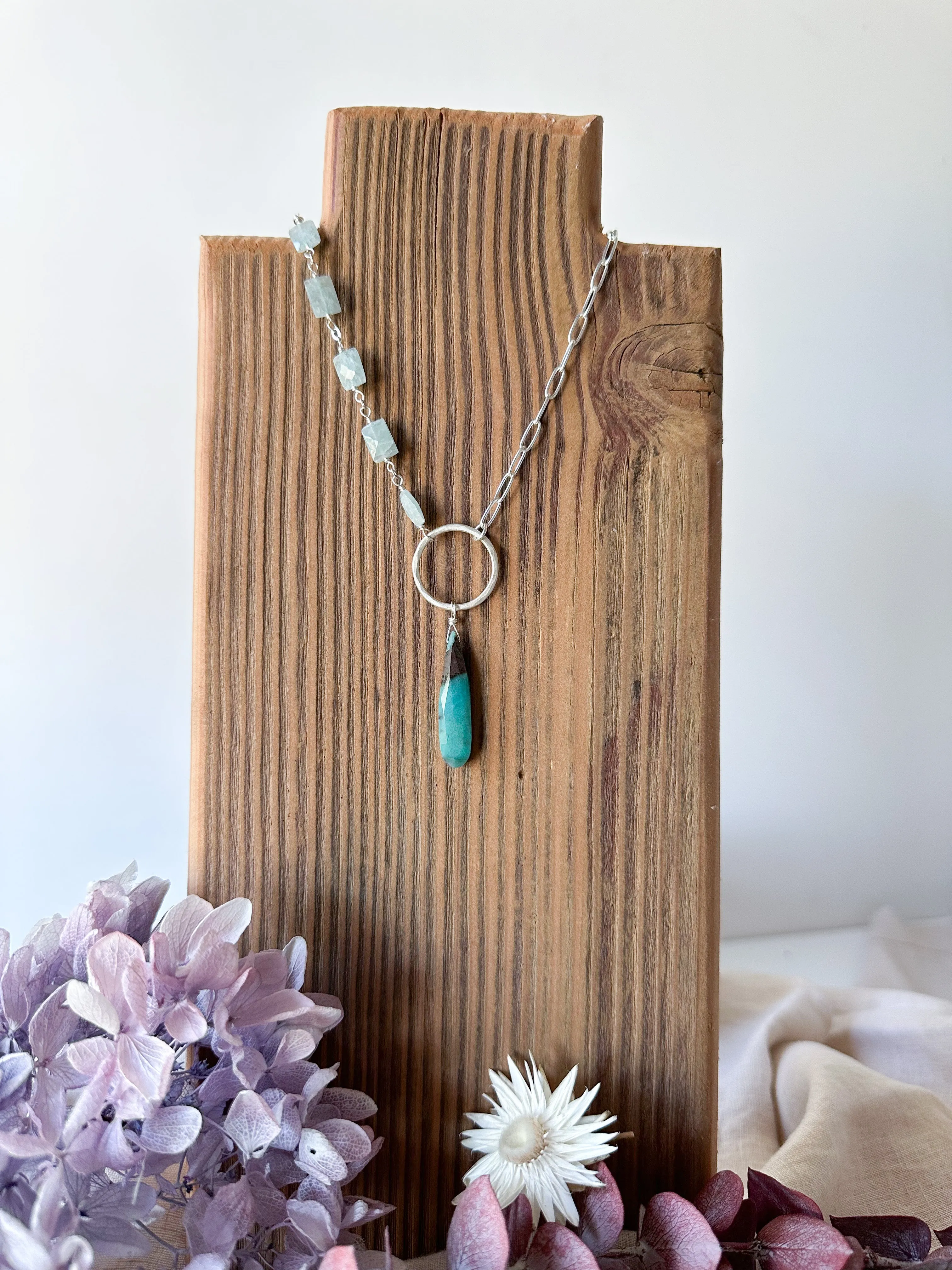 N2320 - ss chrysocolla with aquamarine asymmetrical necklace