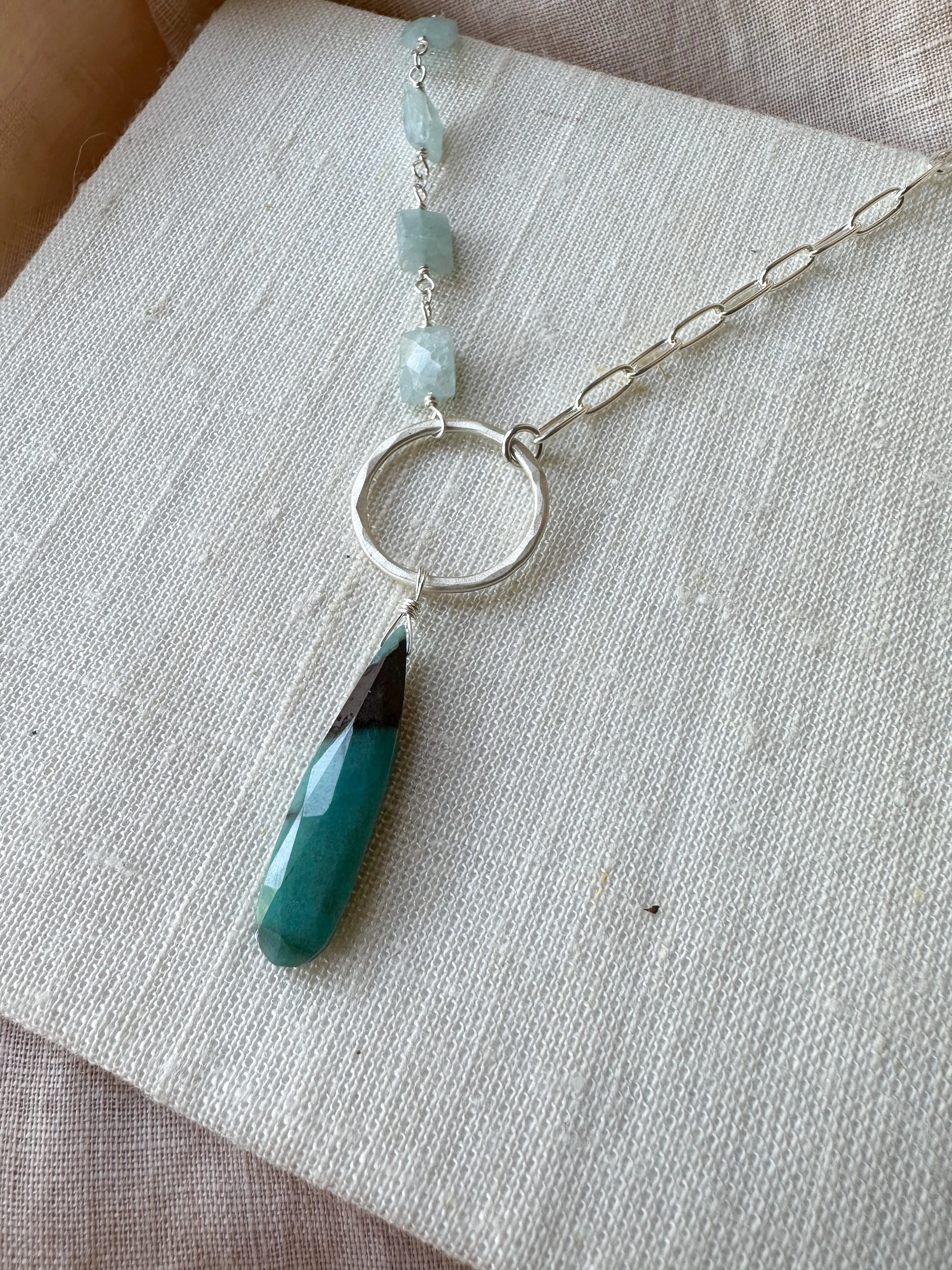 N2320 - ss chrysocolla with aquamarine asymmetrical necklace