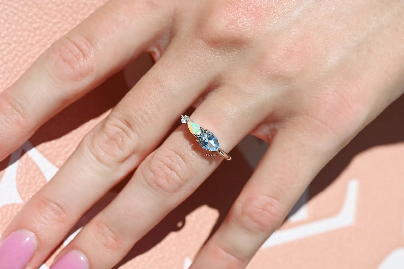 Natural Aquamarine & Australian Opal Ring- Sterling Silver