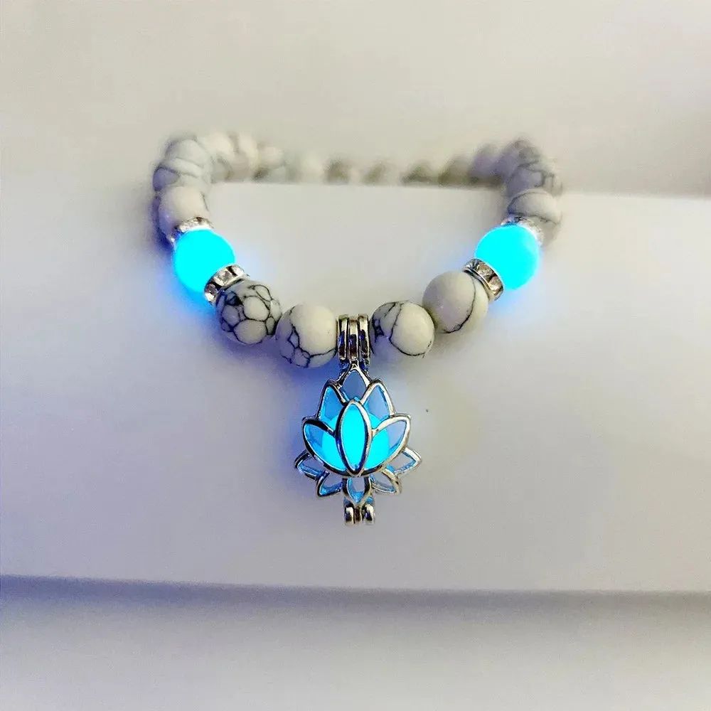 Natural Stone Bracelet Yoga Healing Luminous Glow In The Dark Bracelet Lotus Charm Beads Bracelet for Men Women Prayer Buddhism