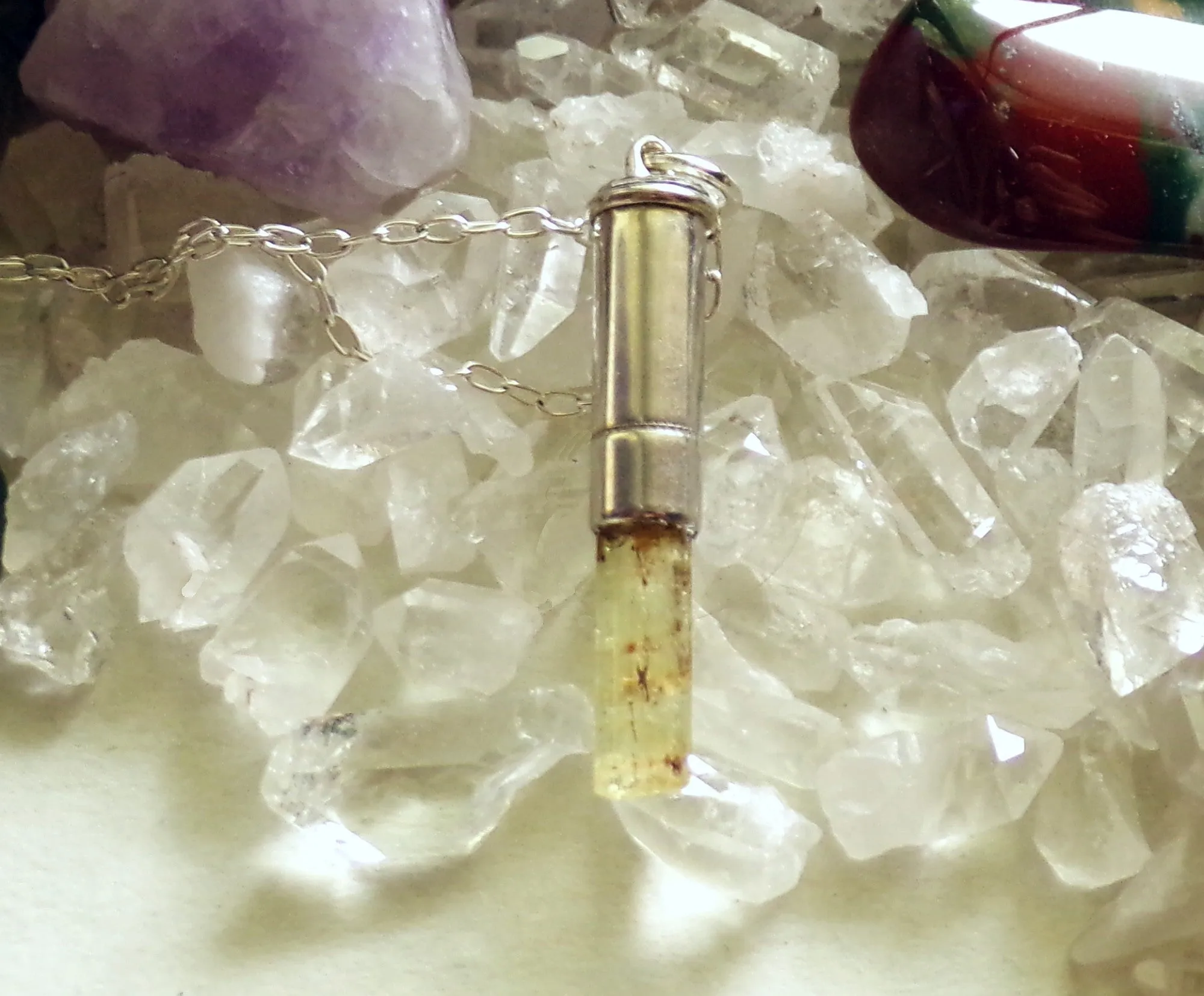 Natural Yellow Heliodor Crystal Bullet Pendant Necklace