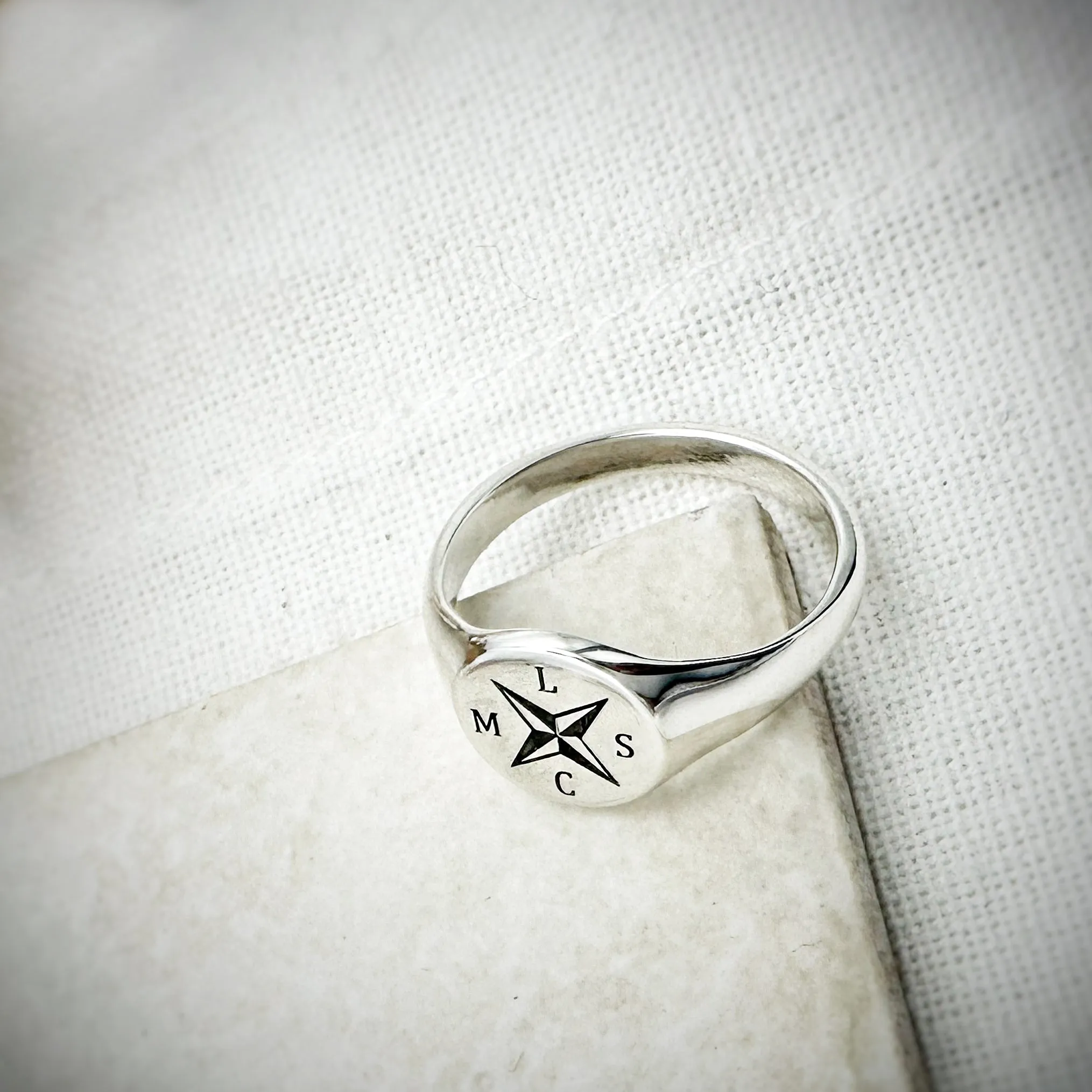 Nautical Compass Initials Silver Signet Ring