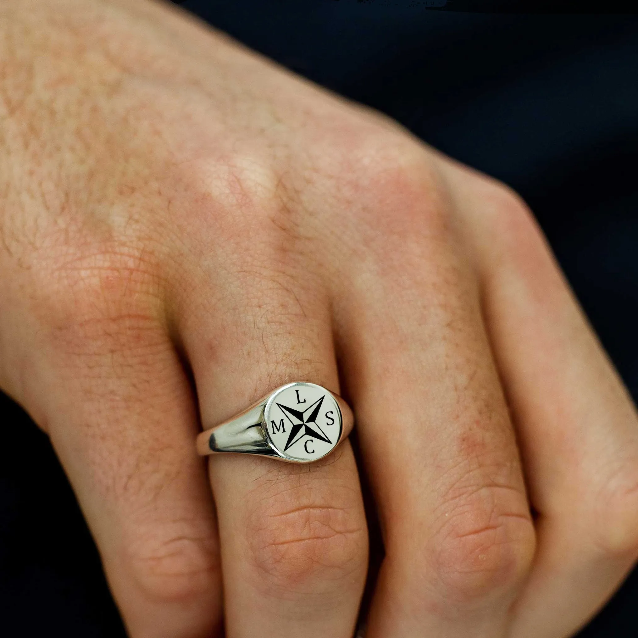 Nautical Compass Initials Silver Signet Ring