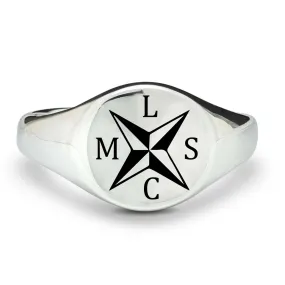 Nautical Compass Initials Silver Signet Ring