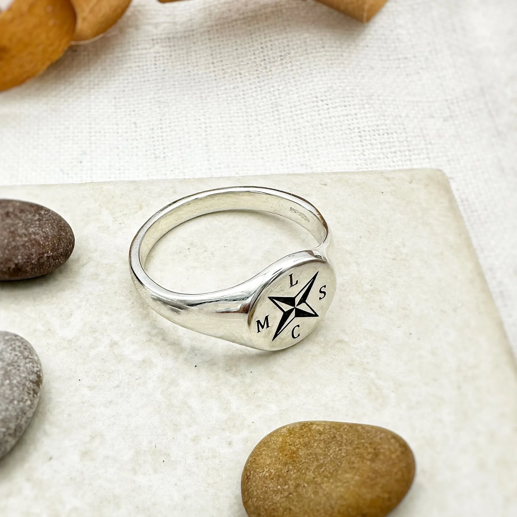 Nautical Compass Initials Silver Signet Ring