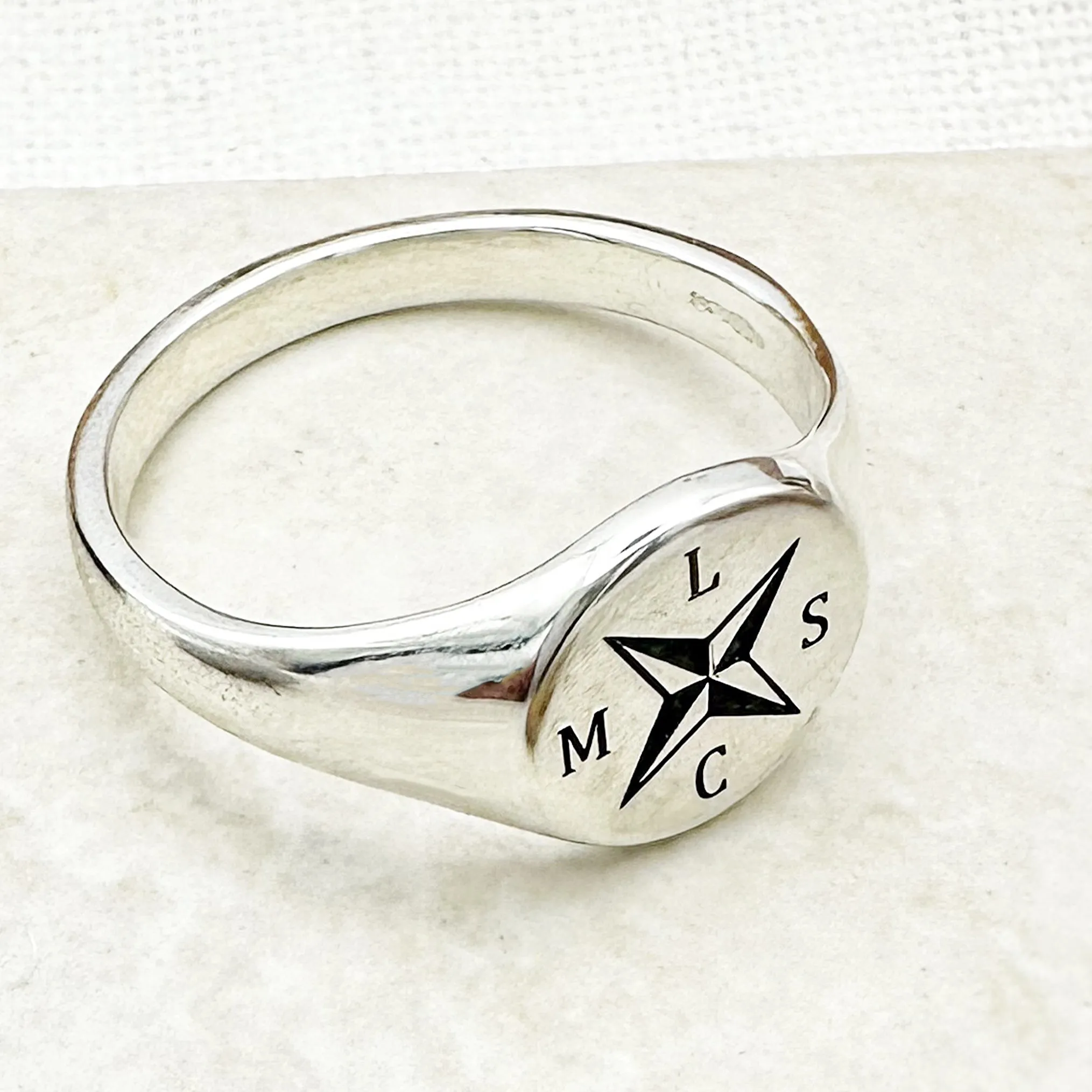 Nautical Compass Initials Silver Signet Ring