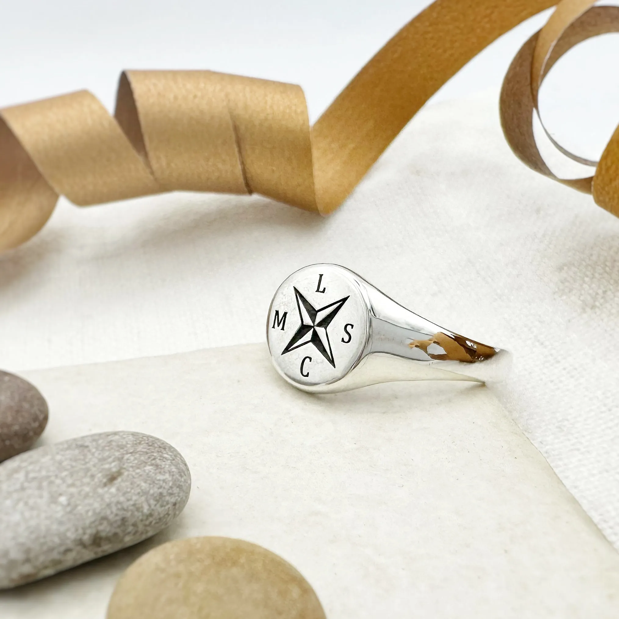 Nautical Compass Initials Silver Signet Ring