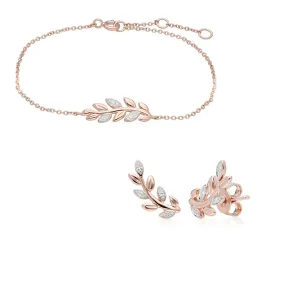 O Leaf Diamant Armband & Ohrstecker Satz  in 9ct Rose Gold