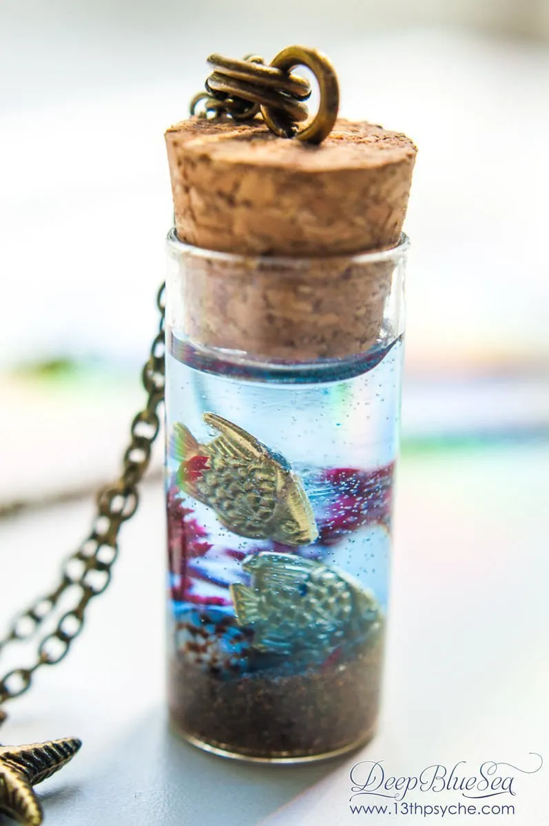 Ocean and golden fish Bottle pendant necklace