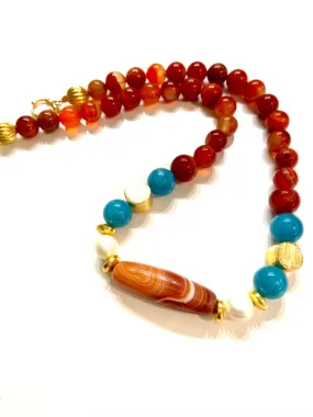 Orange Carnelian, Aquamarine and Freshwater Pearl Gemstone Necklace 20"