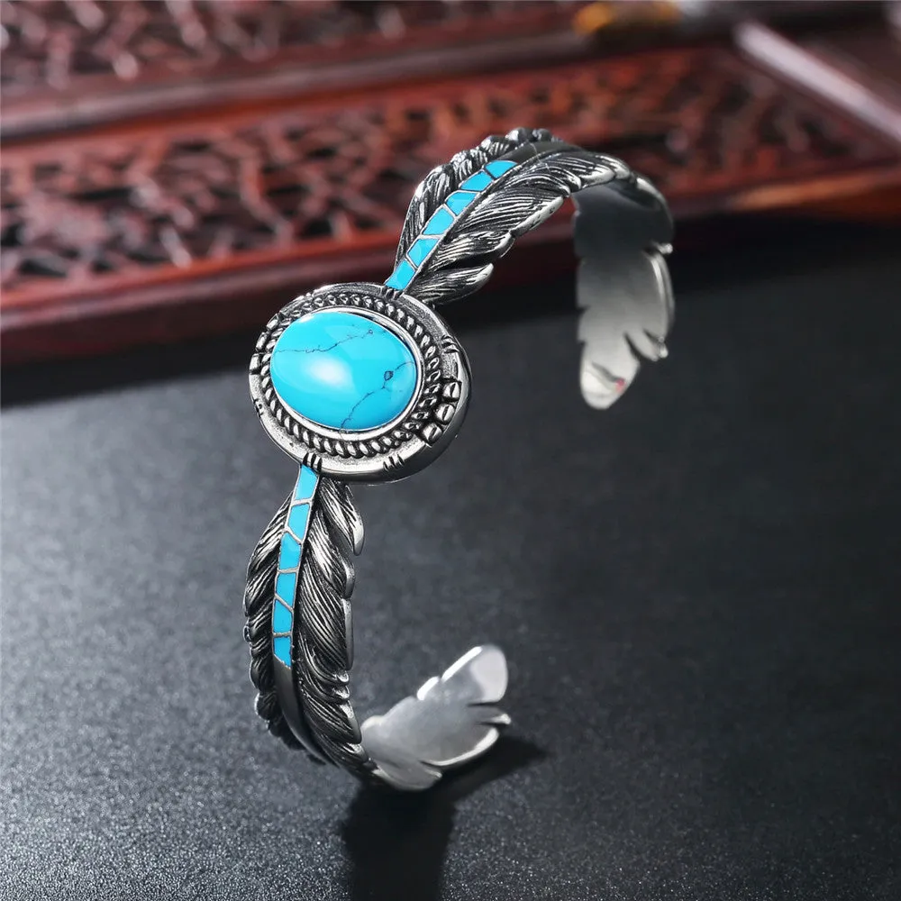 Personalized Retro Takahashi Feather Turquoise Titanium Steel Bracelet for Men - Wholesale Foreign Trade Jewelry