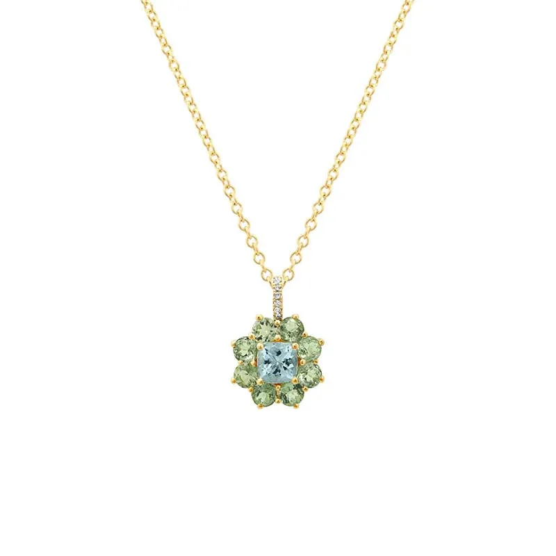 Petite Statement Mint Tourmaline Flower Pendant Necklace with Aquamarine Center