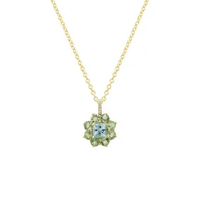 Petite Statement Mint Tourmaline Flower Pendant Necklace with Aquamarine Center