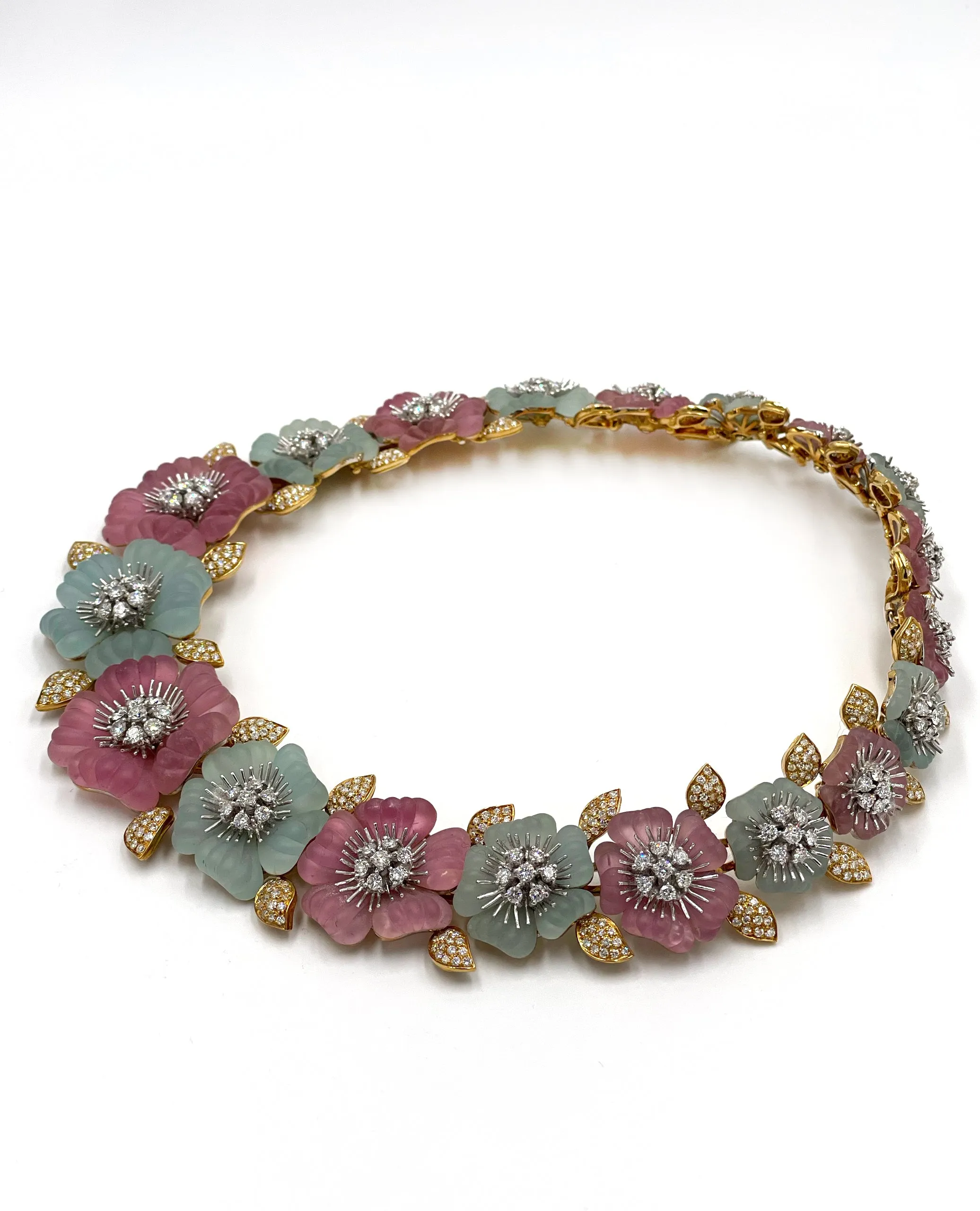 Pre-owned Vintage Ambrosi 18K White and Yellow Gold One of a Kind Aquamarine, Pink Tourmaline and Diamond Floral Necklace