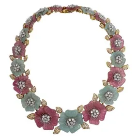 Pre-owned Vintage Ambrosi 18K White and Yellow Gold One of a Kind Aquamarine, Pink Tourmaline and Diamond Floral Necklace