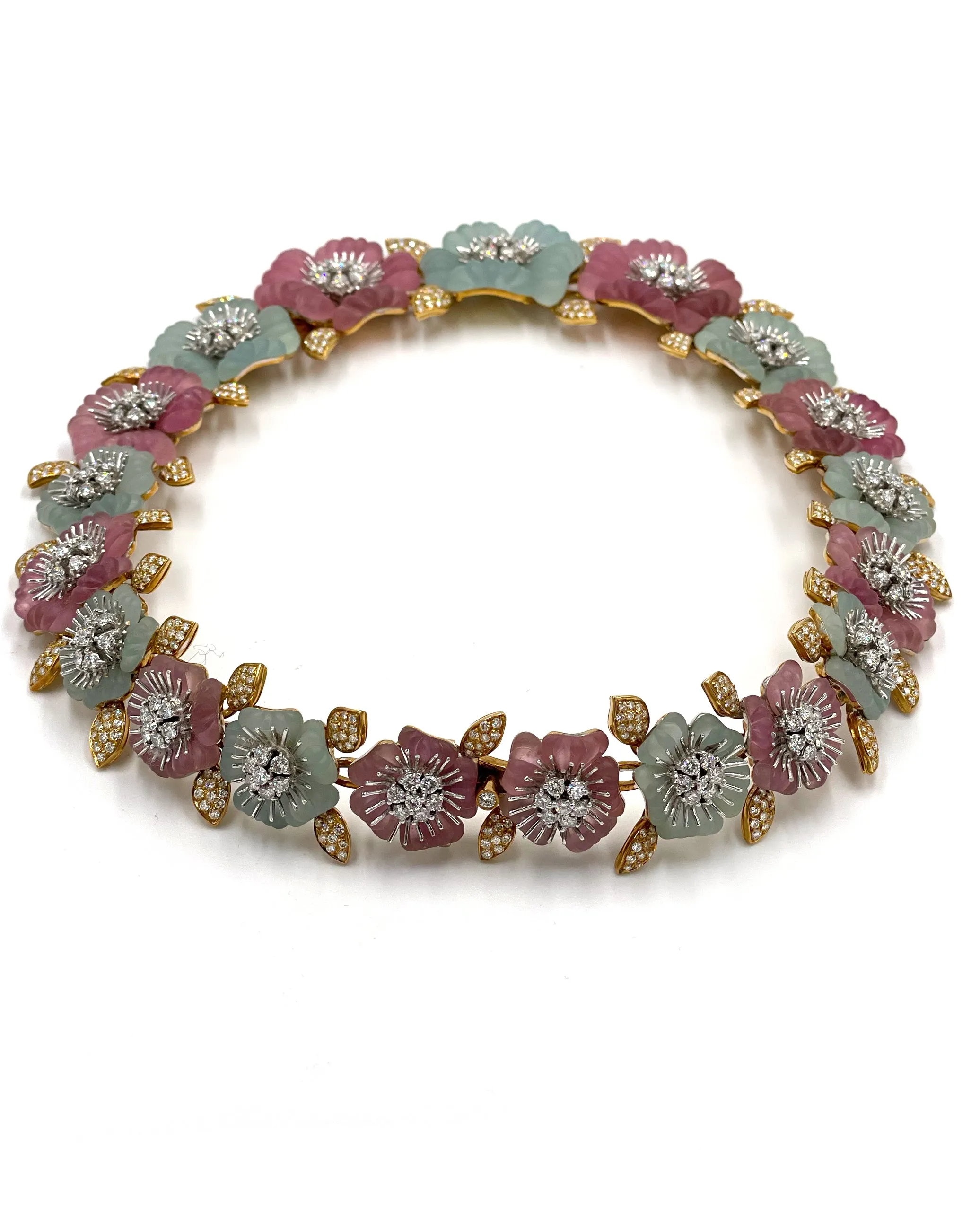 Pre-owned Vintage Ambrosi 18K White and Yellow Gold One of a Kind Aquamarine, Pink Tourmaline and Diamond Floral Necklace