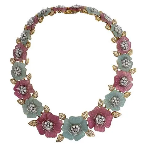 Pre-owned Vintage Ambrosi 18K White and Yellow Gold One of a Kind Aquamarine, Pink Tourmaline and Diamond Floral Necklace