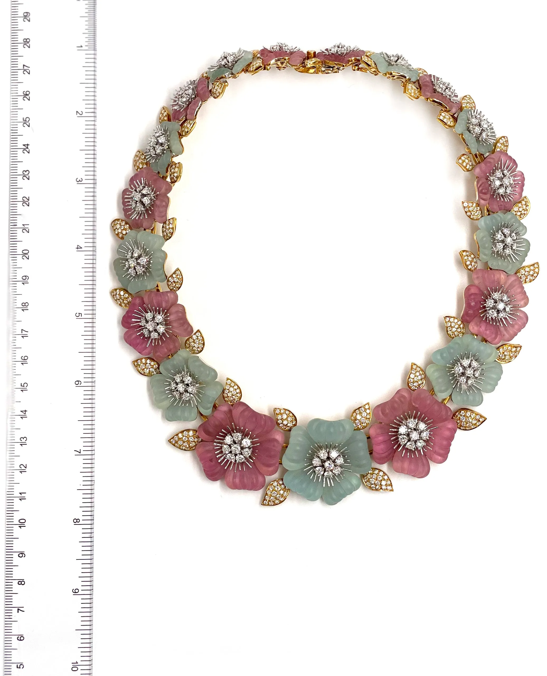 Pre-owned Vintage Ambrosi 18K White and Yellow Gold One of a Kind Aquamarine, Pink Tourmaline and Diamond Floral Necklace