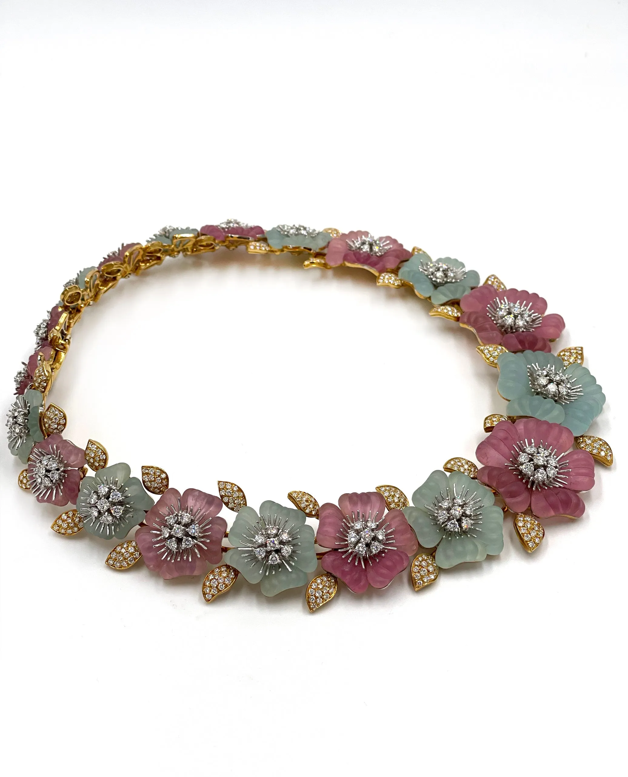 Pre-owned Vintage Ambrosi 18K White and Yellow Gold One of a Kind Aquamarine, Pink Tourmaline and Diamond Floral Necklace