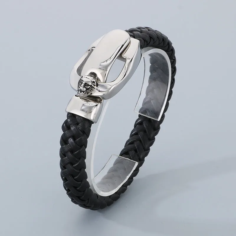 Punk Retro Skull Braided Leather Bracelet with Cross-Border Lion Head Belt Buckle for Men