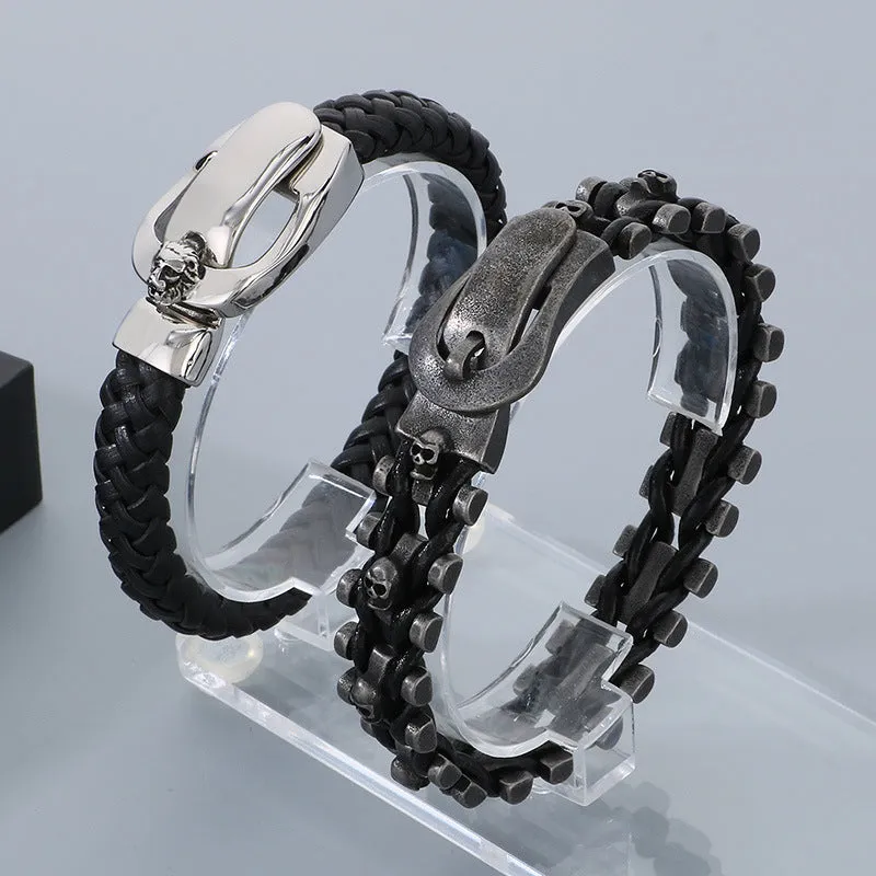 Punk Retro Skull Braided Leather Bracelet with Cross-Border Lion Head Belt Buckle for Men