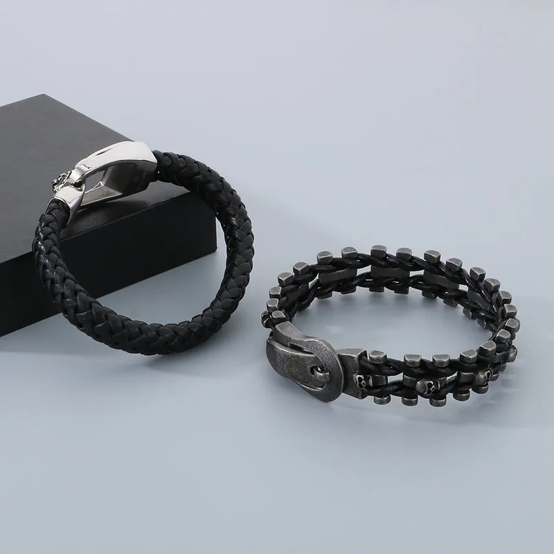 Punk Retro Skull Braided Leather Bracelet with Cross-Border Lion Head Belt Buckle for Men