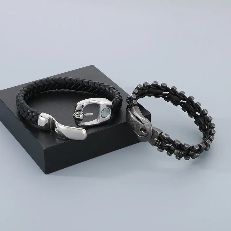 Punk Retro Skull Braided Leather Bracelet with Cross-Border Lion Head Belt Buckle for Men