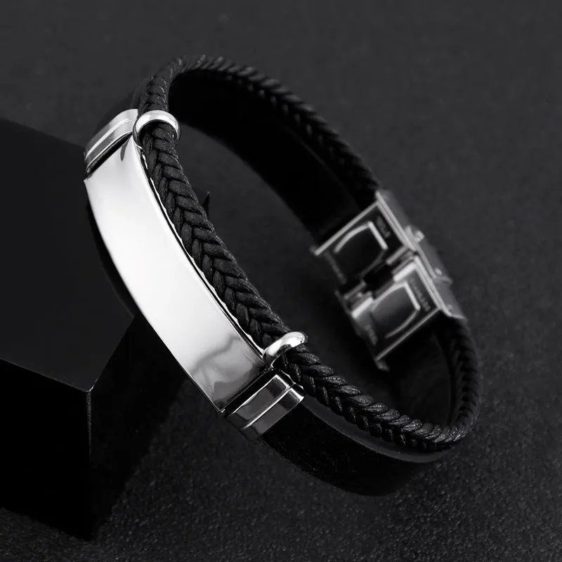 Punk Twist Double-Layer Leather Bracelet with Titanium Steel - Men's Urban Style