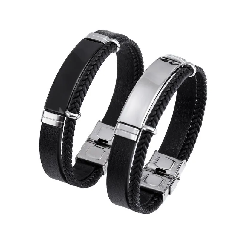 Punk Twist Double-Layer Leather Bracelet with Titanium Steel - Men's Urban Style