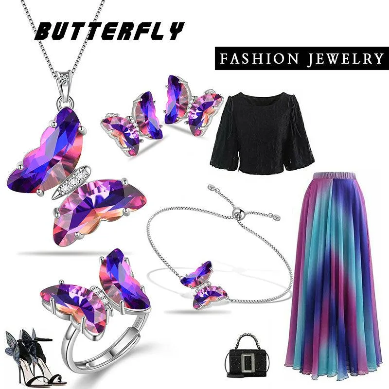 Purple Butterfly Jewelry Set 5PCS February Amethyst Birthstone Women Girls Birthday Gifts