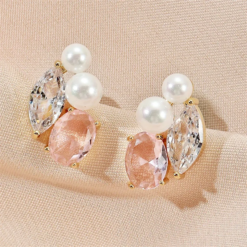 "Lumi" - Pearl and Pink CZ Bridal Stud Earrings