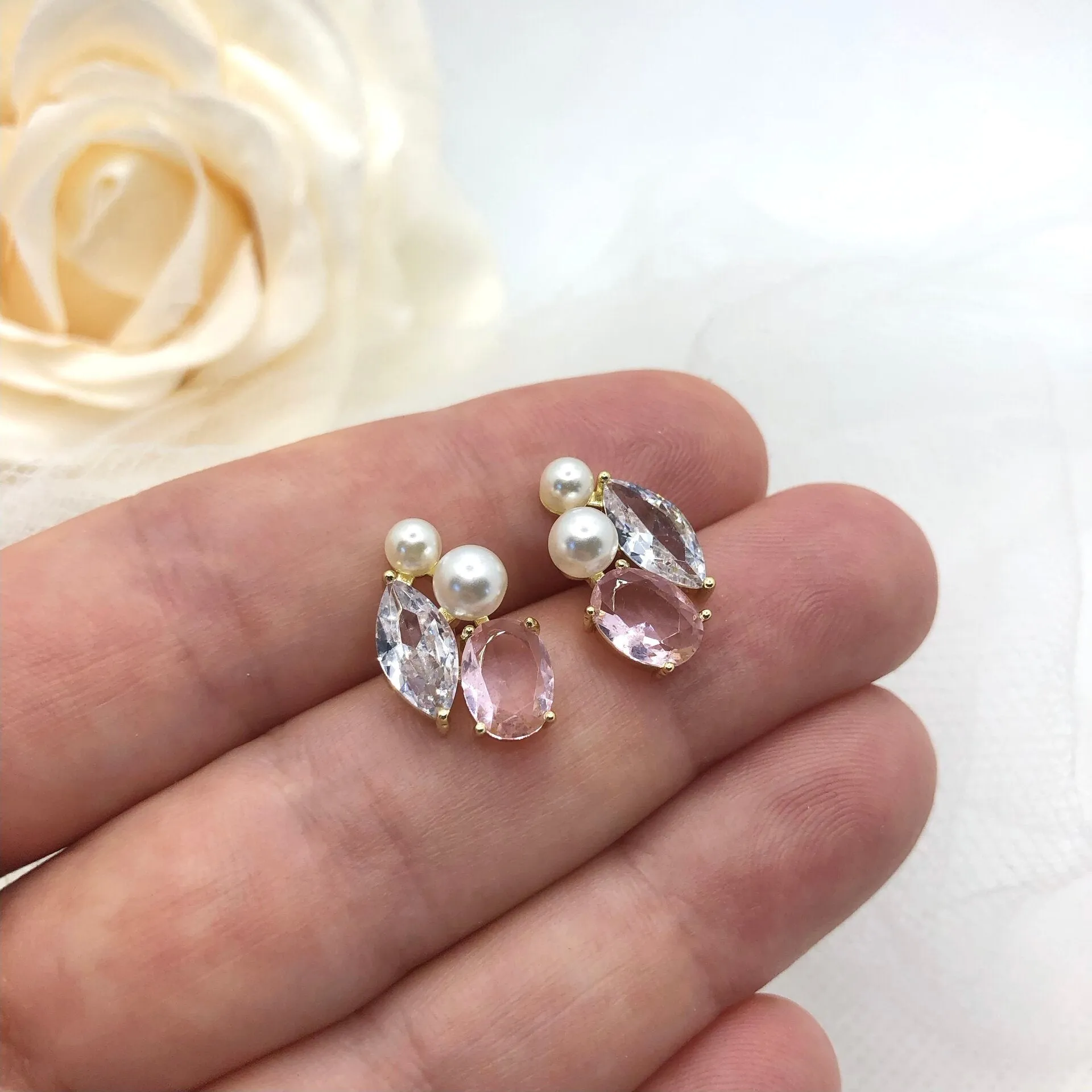 "Lumi" - Pearl and Pink CZ Bridal Stud Earrings