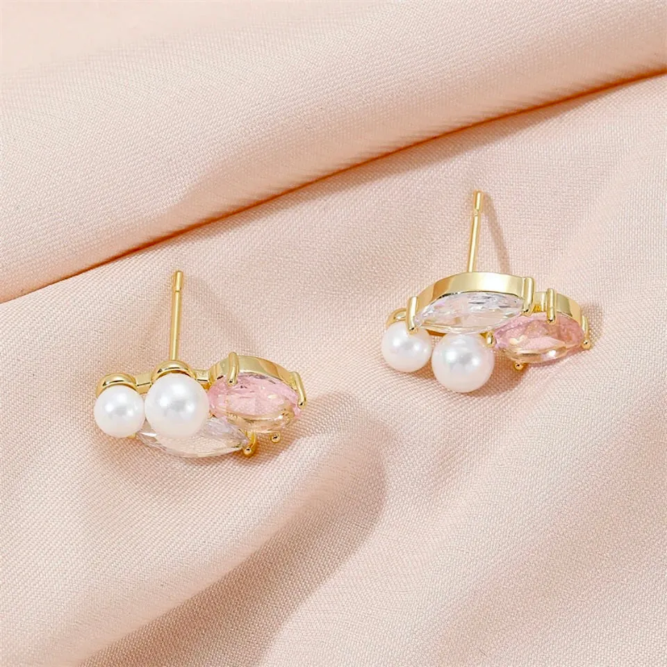 "Lumi" - Pearl and Pink CZ Bridal Stud Earrings