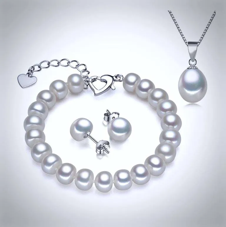 "Yvette" - Natural Pearl and Sterling Silver 3-Piece Bridal Jewelry Set