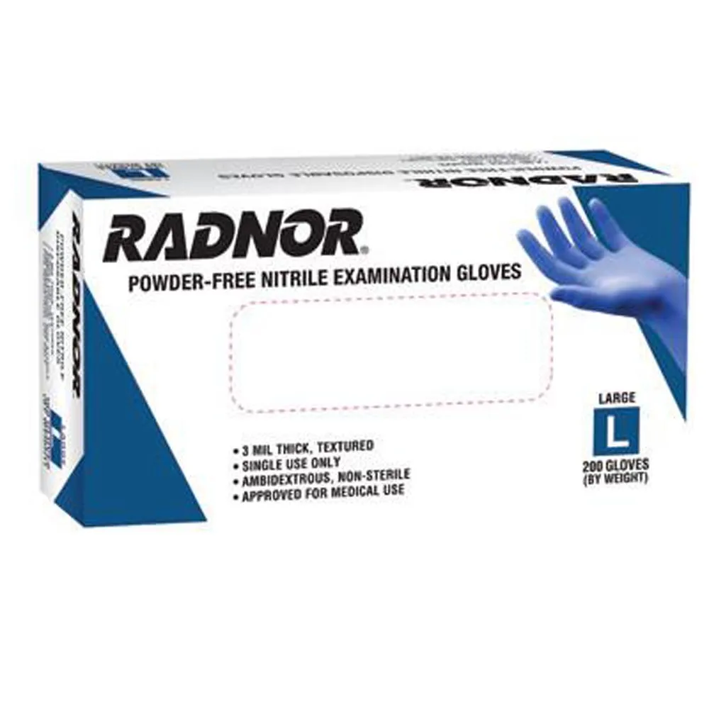 Radnor Large Blue 9 1/2" 3 mil Medical Exam Grade Latex-Free Nitrile Ambidextrous Non-Sterile Powder-Free Disposable Gloves With Textured Finish