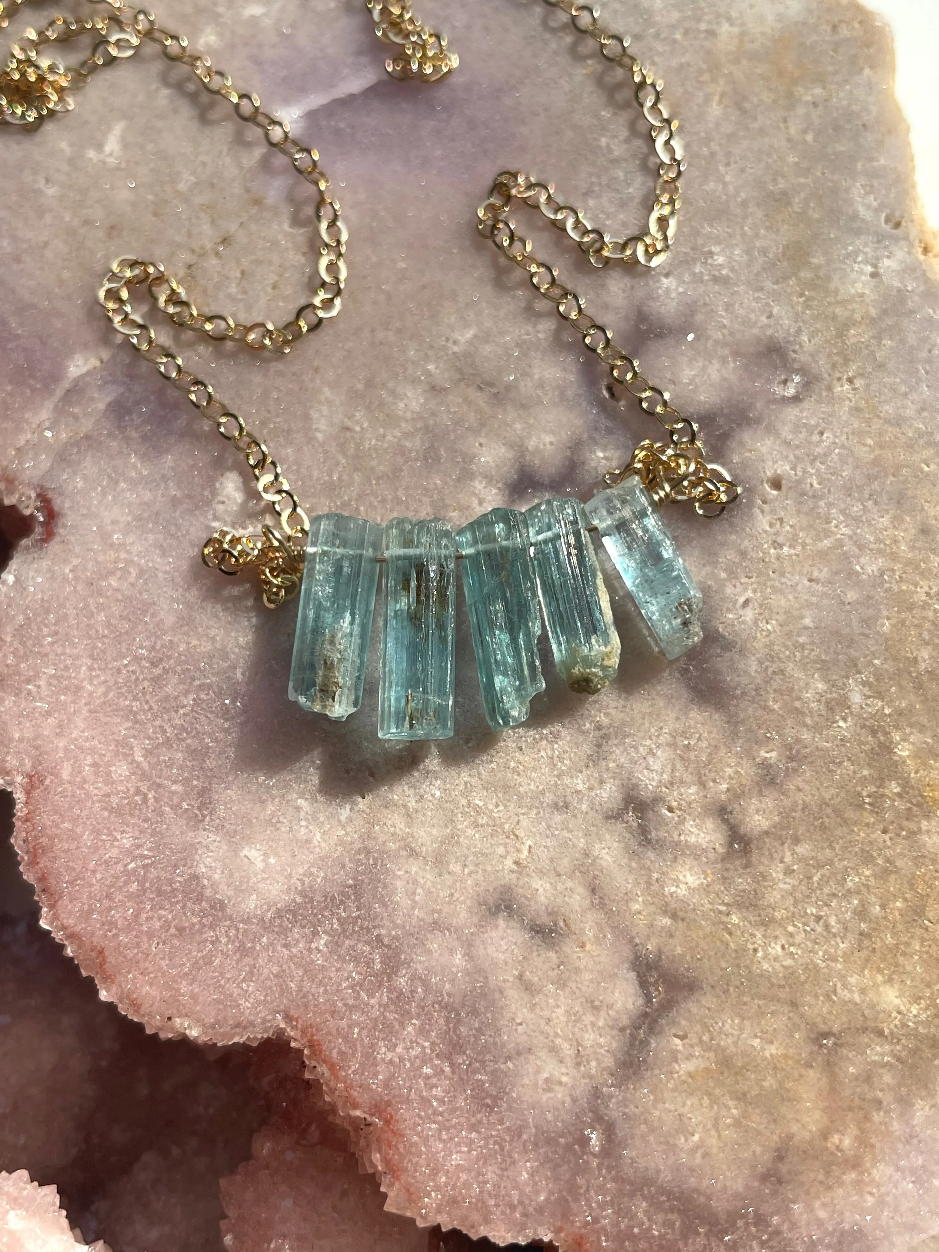 Raw Blue Aquamarine Necklace Gold Filled