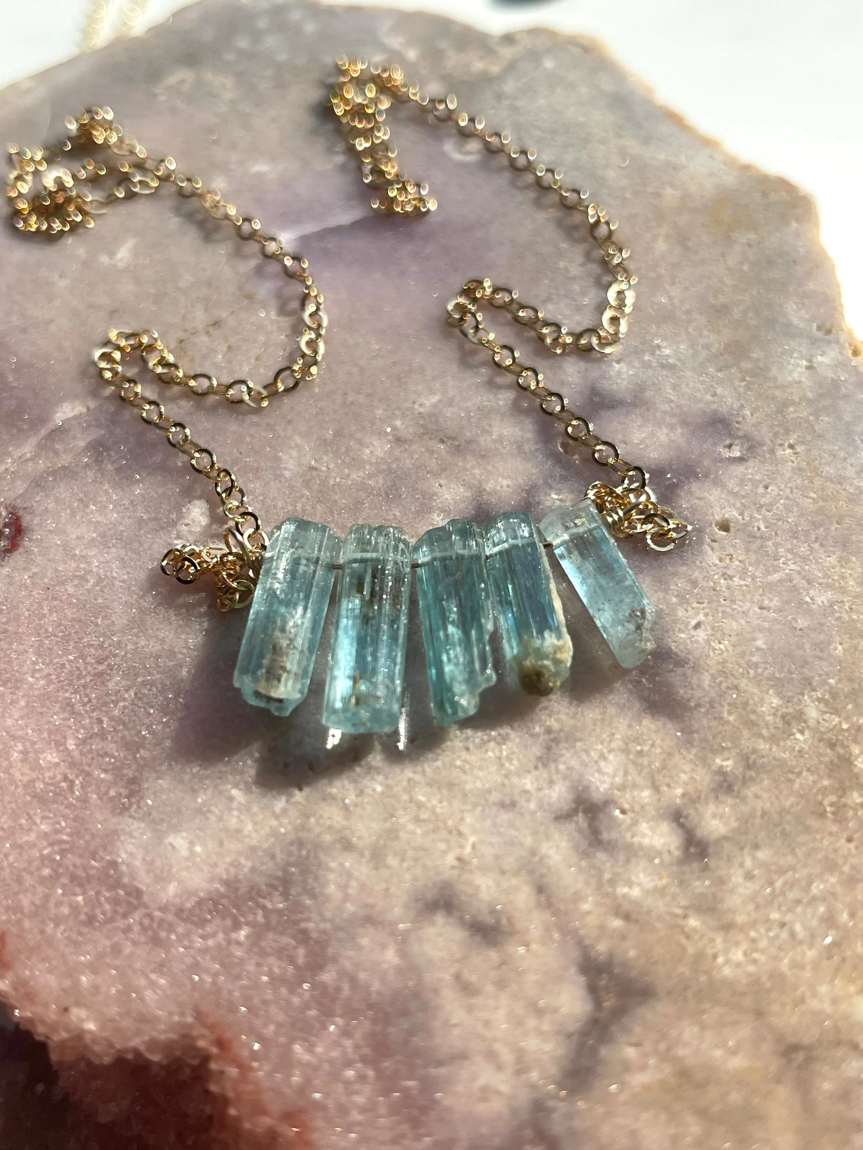 Raw Blue Aquamarine Necklace Gold Filled