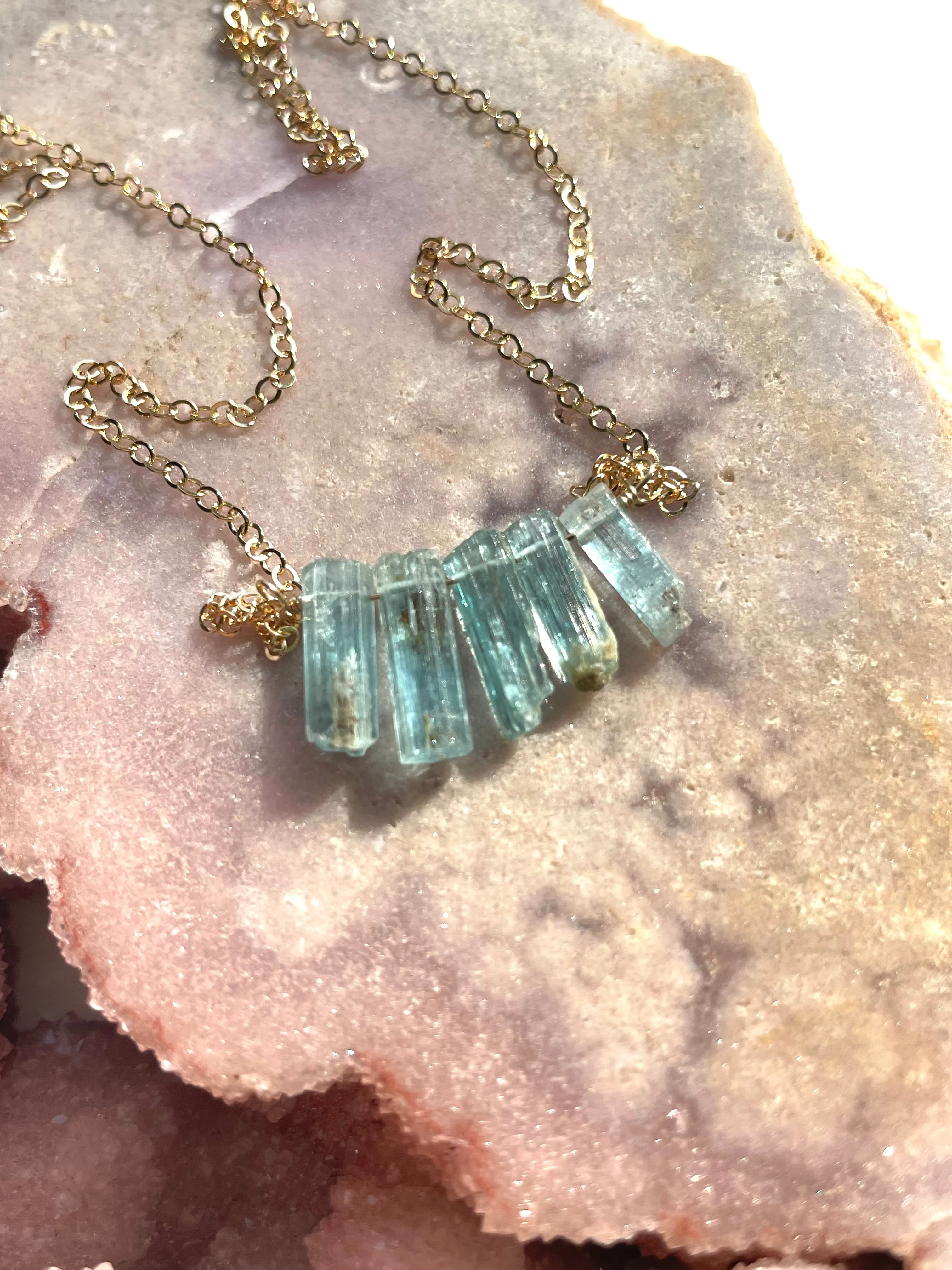 Raw Blue Aquamarine Necklace Gold Filled