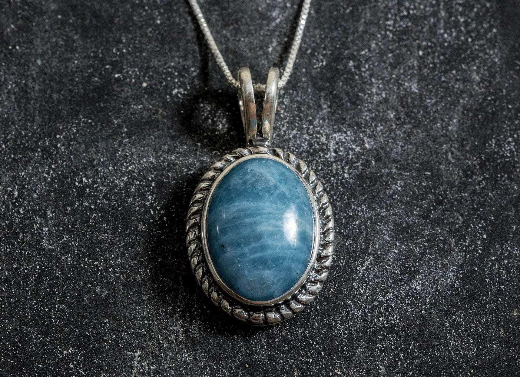 Real Aquamarine Necklace - Blue Bezel Pendant - Oval Vintage Necklace