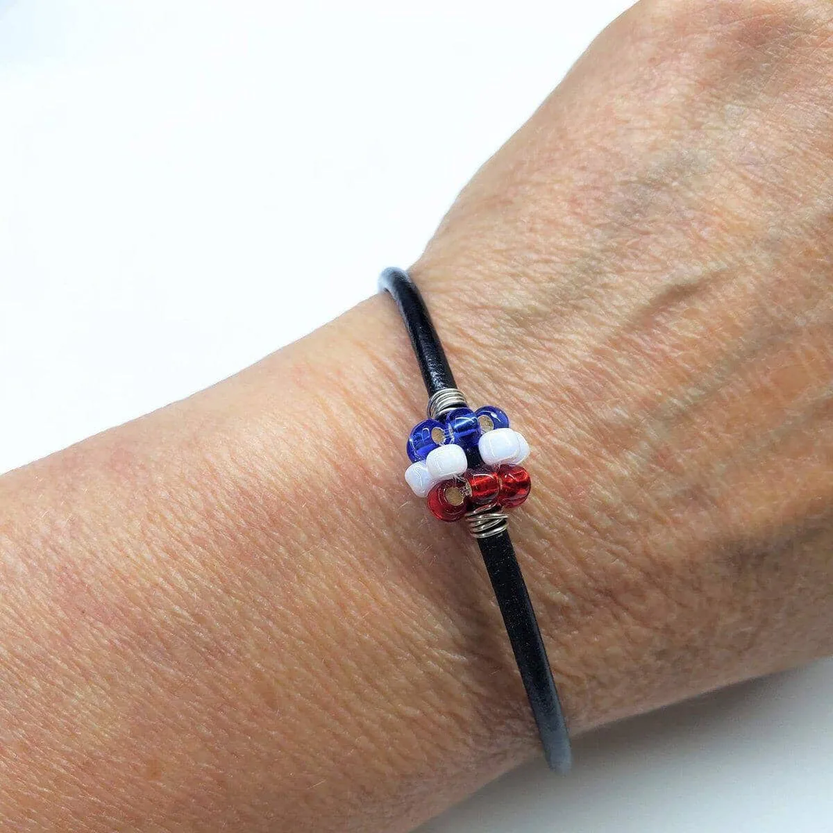 Red White Blue Beaded Bead Leather Bracelet