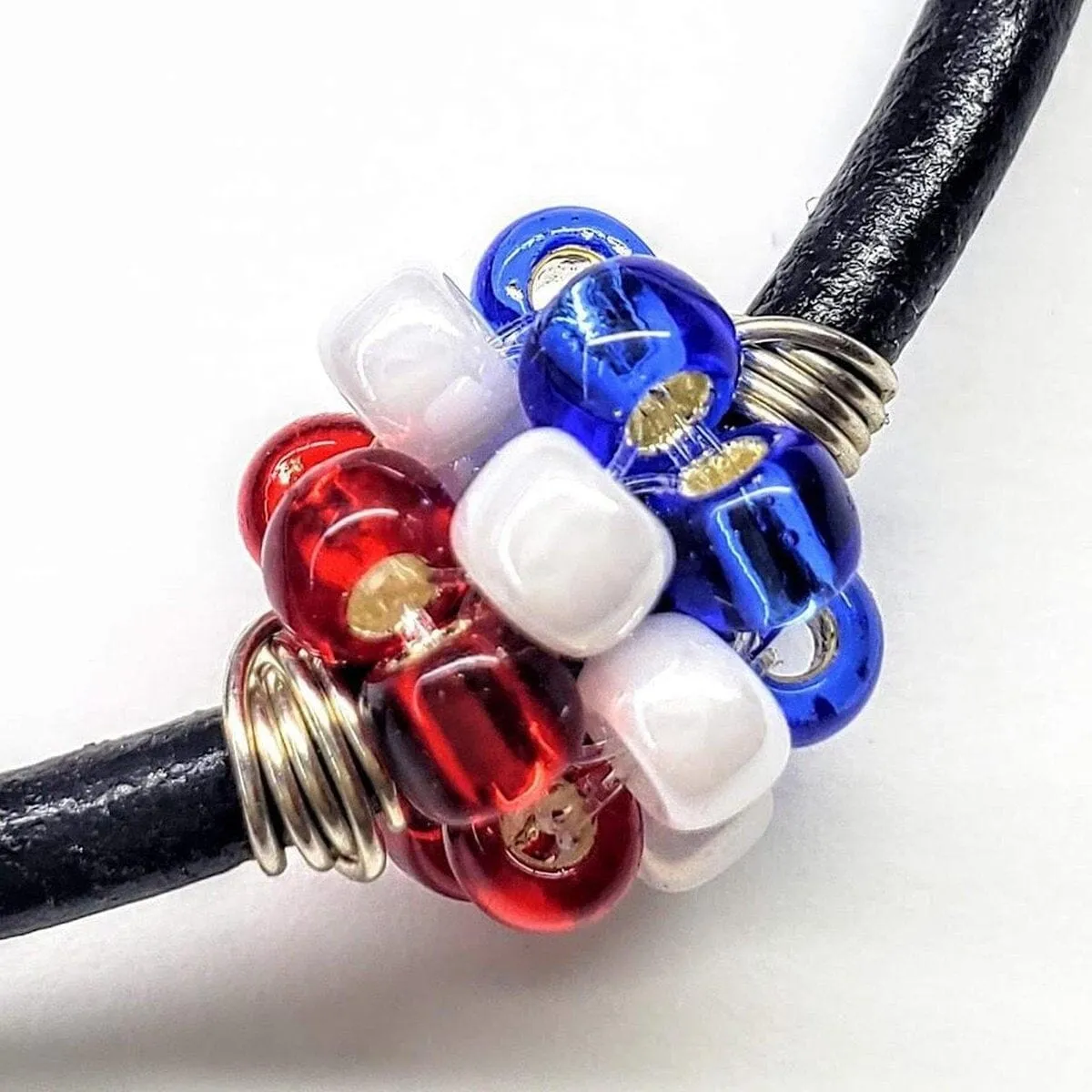 Red White Blue Beaded Bead Leather Bracelet