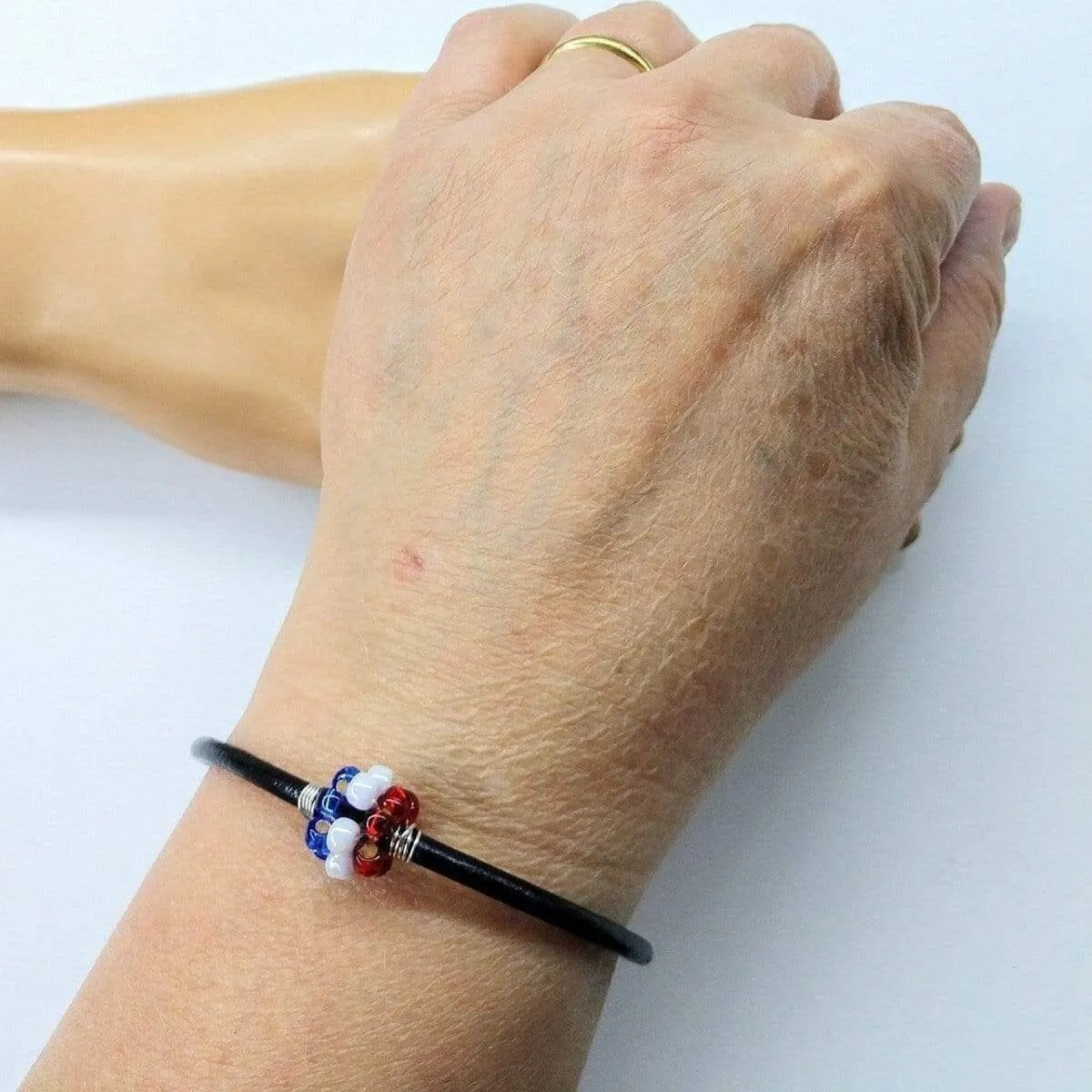 Red White Blue Beaded Bead Leather Bracelet