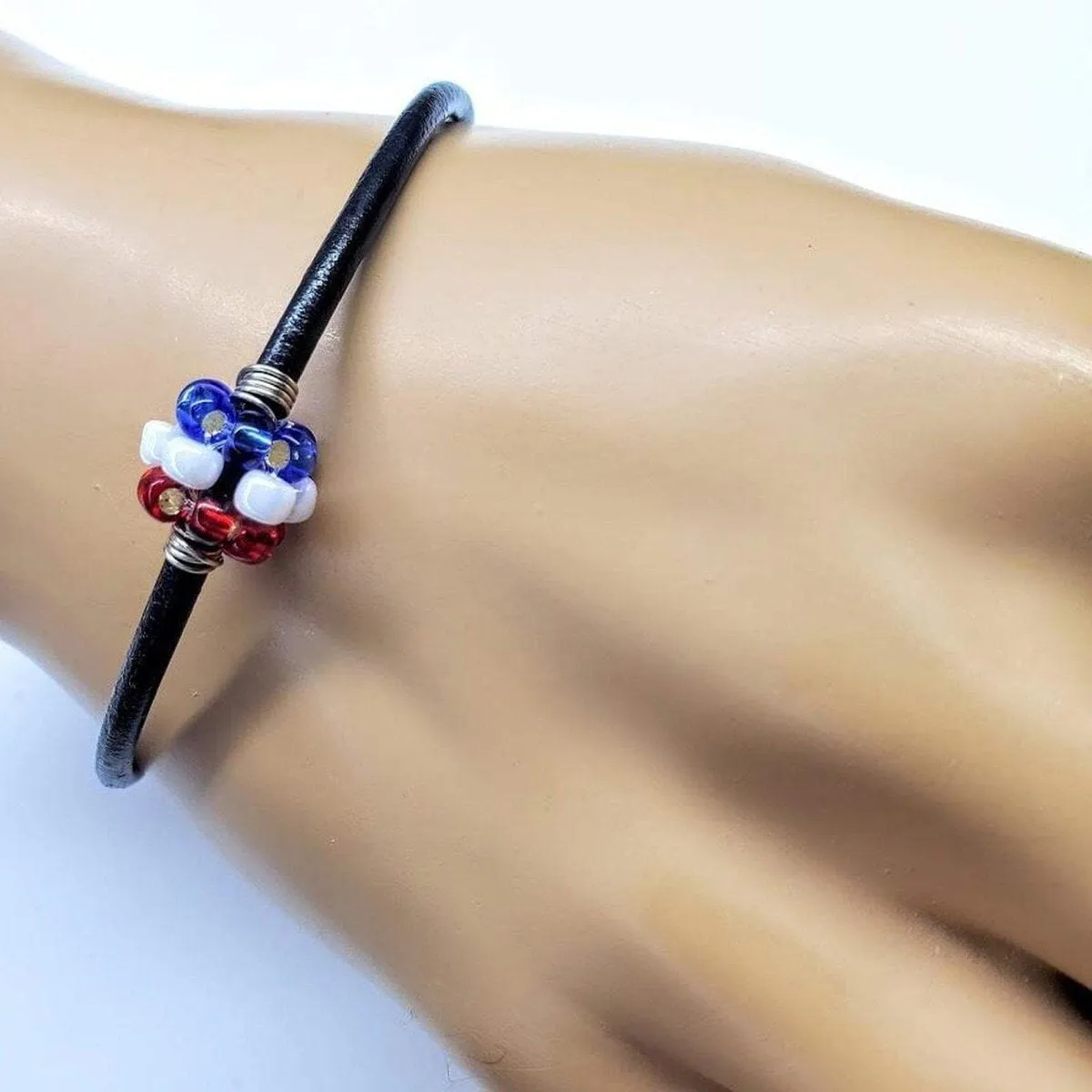 Red White Blue Beaded Bead Leather Bracelet