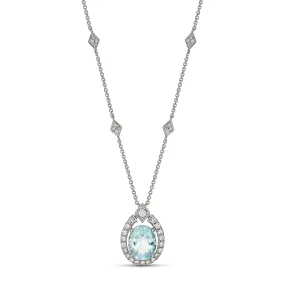 Regal Collection® Aquamarine Oval Cut Gemstone and Diamond Halo Necklace | White Gold