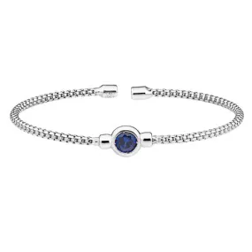 Rhodium Finish Sterling Silver Rounded Box Link Cuff Bracelet with Bezel Set Simulated Sapphire Birth Gem