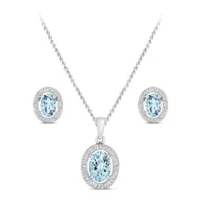 Rosa Mer Aquamarine and Diamond Halo Pendant & Earrings Set