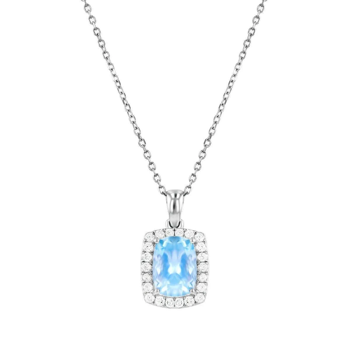 Rosa Mer Collection 1.44ct Cushion Aquamarine & Diamond Halo Necklace