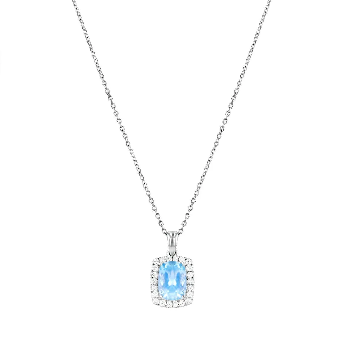 Rosa Mer Collection 1.44ct Cushion Aquamarine & Diamond Halo Necklace